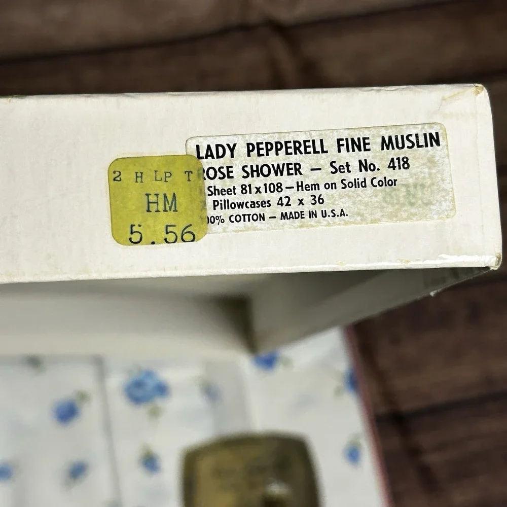 Vtg Lady Pepperell Fine Muslin Full Sheet Set Blue Floral Rose MCM 1950s NOS Box